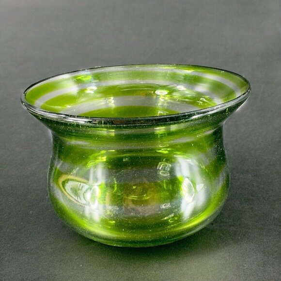 Blenko Art Glass Bowl Planter Flower Pot Hand Blown Green Clear Lines Round Vtg - Picture 2 of 16